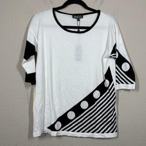 Angel Womens XS Asymmetric Stripe Sweater Top White Black Crew Neck Half Sleeves